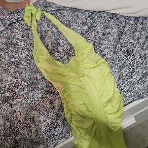 Lime Green Ruched Halter Dress